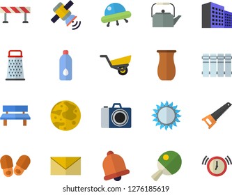 Color flat icon set saw flat vector, heating batteries, barrier, teapot, gas, grater, jugful, garden wheelbarrow, bench, office building, moon, satellit, ufo, water, table tennis, camera fector