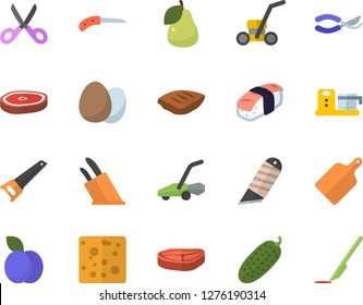 Color flat icon set saw flat vector, stationery knife, knives, scissors, cutting board, food processor, egg, chop, cheese, cucumber, sashimi, plum, pear, secateurs, lawn mower, scalpel