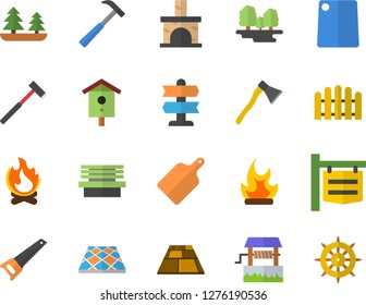 Color flat icon set saw flat vector, flooring, ax, hammer, cutting board, well, nesting box, fence, bonfire, bench, fireplace, forest, signboard, pointer fector, steering wheel