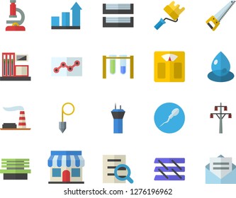 Color flat icon set saw flat vector, paint roller, construction plummet, bench, gas station, factory, power line support, drop, store front, sperm, magnifier, point diagram, paper tray, microscope