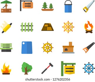 Color flat icon set saw flat vector, fence, flooring, ax, hiking pot, rolling pin, cutting board, well, tree, bonfire, bench, fireplace, forest, signboard, steering wheel fector