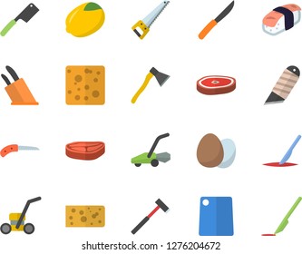 Color flat icon set saw flat vector, stationery knife, ax, knives, cutting board, egg, chop, lemon, cheese, sashimi, lawn mower, scalpel