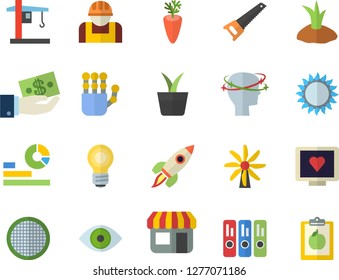 Color flat icon set saw flat vector, gas, sieve, carrot, home plant, planting plants, windmill, construction worker, crane, store front, investments, statistics, computer diagnostics of health, eye