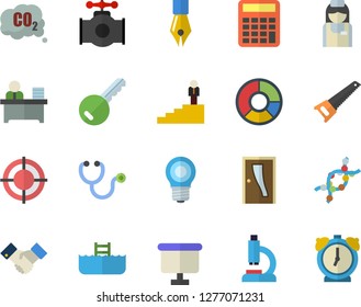 Color flat icon set saw flat vector, Entrance door, main pipeline, lamp, carbon dioxide, flipchart, stethoscope, microscope, nurse, DNA, clircle diagram, ink pen, office worker, target, agreement