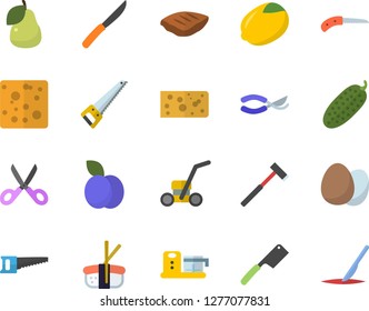 Color flat icon set saw flat vector, ax, knives, scissors, food processor, egg, lemon, cheese, chop, cucumber, sashimi, plum, pear, knife, secateurs, lawn mower, scalpel