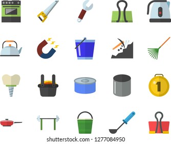 Color flat icon set saw flat vector, frying pan, teapot, electric kettle, ladle, stove, canned food, rake, bucketful, pipe production, magnet, wrench, mining, metallurgy, implant, barbell, medal