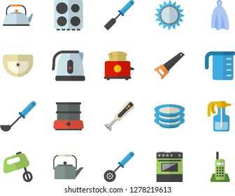 Color flat icon set saw flat vector, sink, meashuring cup, teapot, electric kettle, ladle, kitchen spatula, spoon, towel, stove, gas, toaster, mixer, double boiler, blender, plates, pulverizer