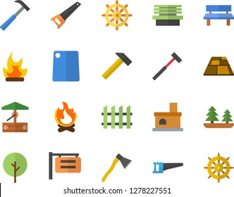 Color flat icon set saw flat vector, fence, flooring, ax, hammer, cutting board, well, tree, bonfire, bench, fireplace, forest, signboard, steering wheel fector