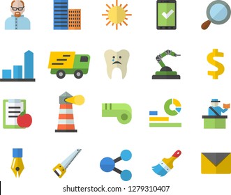 Color flat icon set saw flat vector, paint brush, skyscraper, sun, robotics, lighthouse, chart, molecules, dollar, statistics, trucking, caries, ink pen, scientist, diet, whistle, check in, envelope