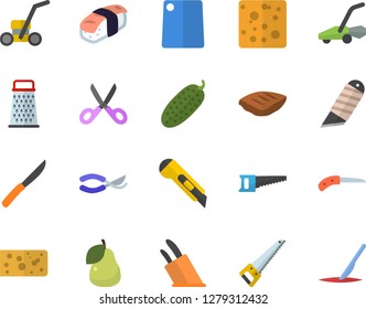 Color flat icon set saw flat vector, stationery knife, knives, scissors, cutting board, grater, cheese, chop, cucumber, sashimi, pear, secateurs, lawn mower, scalpel