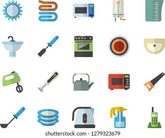Color flat icon set saw flat vector, sink, boiler, meashuring cup, teapot, electric kettle, ladle, kitchen spatula, towel, stove, induction cooker, gas, microwave, mixer, blender, plates, pulverizer