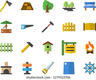 Color flat icon set saw flat vector, fence, flooring, ax, hammer, cutting board, well, nesting box, tree, bonfire, bench, fireplace, forest, signboard, pointer fector, steering wheel