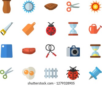 Color flat icon set saw flat vector, cutting board, gas, jugful, chop, scrambled eggs, ladybird, watering can, radiator, skipping rope, sun fector, camera, scissors, hourglass, drawing pin