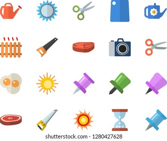 Color flat icon set saw flat vector, cutting board, gas, chop, scrambled eggs, watering can, radiator, drawing pin, sun fector, camera, scissors, hourglass