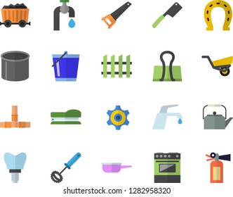 Color flat icon set saw flat vector, pipes, fence, faucet, saute, teapot, whisk, knives, electric stove, horseshoe, bucketful, garden wheelbarrow, water tap, pipe production, mining, cogwheel