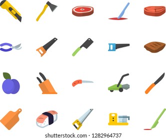Color flat icon set saw flat vector, stationery knife, ax, knives, cutting board, food processor, chop, sashimi, plum, secateurs, lawn mower, scalpel