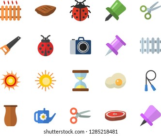 Color flat icon set saw flat vector, jugful, chop, scrambled eggs, ladybird, watering can, radiator, drawing pin, skipping rope, sun fector, camera, scissors, hourglass