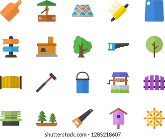 Color flat icon set saw flat vector, fence, flooring, ax, hiking pot, rolling pin, cutting board, well, nesting box, tree, bench, fireplace, forest, pointer fector, steering wheel