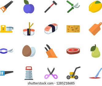 Color flat icon set saw flat vector, ax, knives, scissors, cutting board, food processor, egg, grater, lemon, cheese, chop, sashimi, plum, pear, secateurs, lawn mower, scalpel