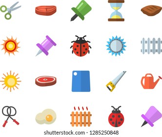 Color flat icon set saw flat vector, cutting board, gas, chop, scrambled eggs, ladybird, watering can, radiator, drawing pin, skipping rope, sun fector, scissors, hourglass