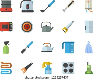 Color flat icon set saw flat vector, boiler, meashuring cup, teapot, electric kettle, ladle, kitchen spatula, towel, stove, induction cooker, microwave, double, blender, fridge, pulverizer