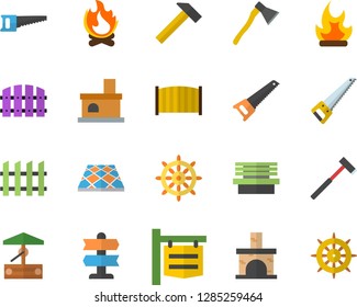 Color flat icon set saw flat vector, fence, flooring, ax, hammer, well, bonfire, bench, fireplace, signboard, pointer fector, steering wheel