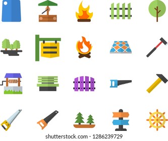 Color flat icon set saw flat vector, fence, flooring, ax, hammer, cutting board, well, tree, bonfire, bench, forest, signboard, pointer fector, steering wheel