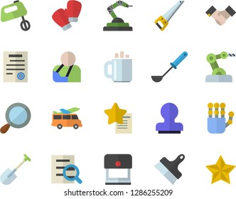 Color flat icon set saw flat vector, putty knife, ladle, mixer, shovel, robotics, injury, coffee, magnifier, agreement, contract, stamp, robot hand, industrial, boxing gloves, transfer fector