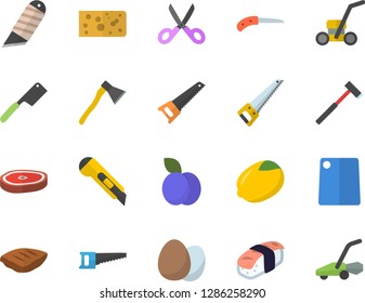 Color flat icon set saw flat vector, stationery knife, ax, knives, scissors, cutting board, egg, lemon, cheese, chop, sashimi, plum, lawn mower