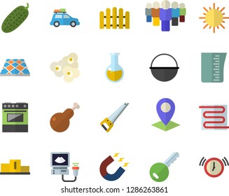 Color flat icon set saw flat vector, flooring, warm floor, cauldron, meashuring cup, electric stove, chicken, cucumber, popcorn, fence, sun, magnet, location, team, medical analysis, ultrasound, key