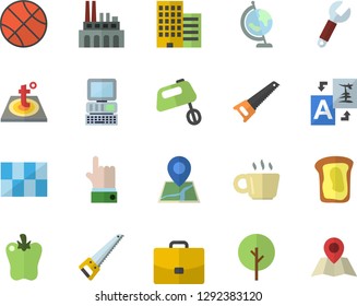 Color flat icon set saw flat vector, skyscraper, tile, warm floor, mixer, bell pepper, sandwich, tree, plant, wrench, case, coffee, computer, globe, basketball, translate, indicate, location