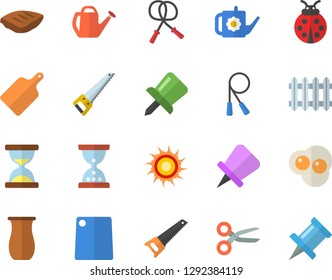 Color flat icon set saw flat vector, cutting board, jugful, chop, scrambled eggs, ladybird, watering can, radiator, drawing pin, skipping rope, sun fector, scissors, hourglass