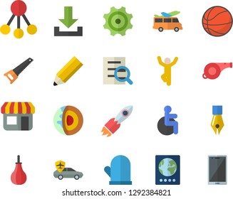 Color flat icon set saw flat vector, potholder, cogwheel, autopilot, store front, hierarchy, rocket, disabled, magnifier, ink pen, pencil, core of the earth fector, whistle, basketball, sports pear