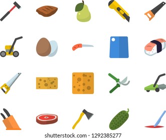 Color flat icon set saw flat vector, stationery knife, ax, knives, cutting board, egg, cheese, chop, cucumber, sashimi, pear, secateurs, lawn mower, scalpel