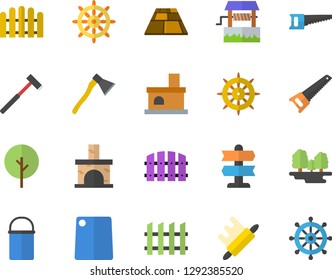 Color flat icon set saw flat vector, fence, flooring, ax, hiking pot, rolling pin, cutting board, well, tree, fireplace, forest, pointer fector, steering wheel