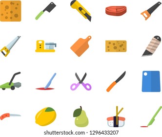 Color flat icon set saw flat vector, stationery knife, knives, scissors, cutting board, food processor, chop, lemon, cheese, sashimi, pear, lawn mower, scalpel