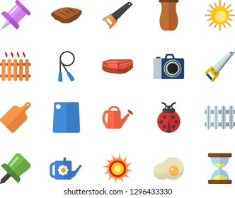 Color flat icon set saw flat vector, cutting board, jugful, chop, scrambled eggs, ladybird, watering can, radiator, drawing pin, skipping rope, sun fector, camera, hourglass