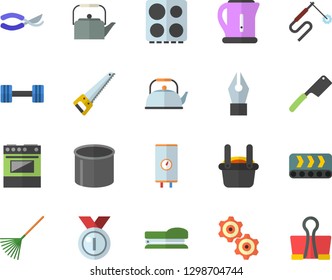 Color flat icon set saw flat vector, boiler, teapot, electric kettle, knives, stove, secateurs, rake, conveyor, pipe production, welding, metallurgy, ink pen, stapler, cogwheel, dumbbell, medal