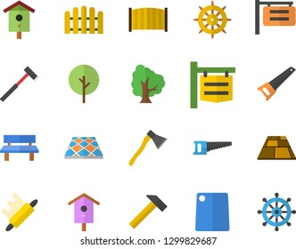 Color flat icon set saw flat vector, fence, flooring, ax, hammer, rolling pin, cutting board, nesting box, tree, bench, signboard, steering wheel