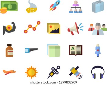Color flat icon set saw flat vector, sun, rocket, cash, team, scatter chart, mouthpiece, vial, syringe, gestation, stomach, sticker, hierarchy, satellit, muscles, aircraft fector, gallery, book