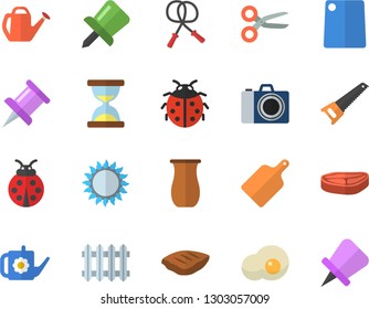 Color flat icon set saw flat vector, cutting board, gas, jugful, chop, scrambled eggs, ladybird, watering can, radiator, drawing pin, skipping rope, camera fector, scissors, hourglass