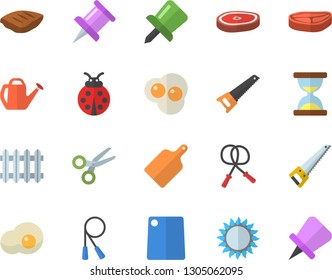 Color flat icon set saw flat vector, cutting board, gas, chop, scrambled eggs, ladybird, watering can, radiator, drawing pin, skipping rope, scissors, hourglass