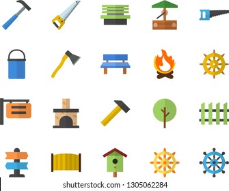 Color flat icon set saw flat vector, fence, ax, hammer, hiking pot, well, nesting box, tree, bonfire, bench, fireplace, signboard, pointer fector, steering wheel