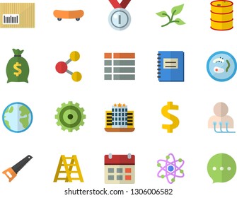 Color flat icon set saw flat vector, ladder, tree leaf, earth, oil tanks, cogwheel, dollar, wealth, barcode, diagnostics, notebook, atom, Petri dish, medal, skateboard, hotel fector, share, menu