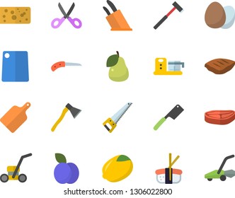 Color flat icon set saw flat vector, ax, knives, scissors, cutting board, food processor, egg, chop, lemon, cheese, sashimi, plum, pear, knife, lawn mower