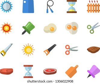 Color flat icon set saw flat vector, cutting board, gas, chop, scrambled eggs, radiator, drawing pin, skipping rope, sun fector, scissors, hourglass