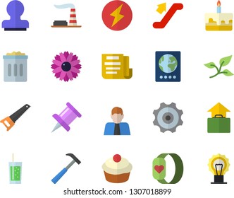 Color flat icon set saw flat vector, hammer, cupcake, cake, soda, flower, tree leaf, factory, person, drawing pin, document, stamp, lightning, cogwheel, fitness bracelet, escalator fector, passport