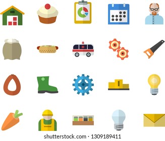 Color flat icon set saw flat vector, energy saving lamp, spice, flour, carrot, sausage, hot dog, cupcake, gumboots, cogwheel, construction worker, graphic report, warehouse, ambulance, calendar