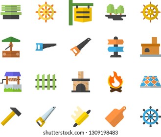 Color flat icon set saw flat vector, fence, flooring, hammer, rolling pin, cutting board, well, bonfire, bench, fireplace, forest, signboard, pointer fector, steering wheel