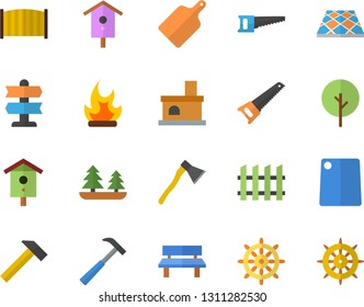 Color flat icon set saw flat vector, fence, flooring, ax, hammer, cutting board, nesting box, tree, bonfire, bench, fireplace, forest, pointer fector, steering wheel